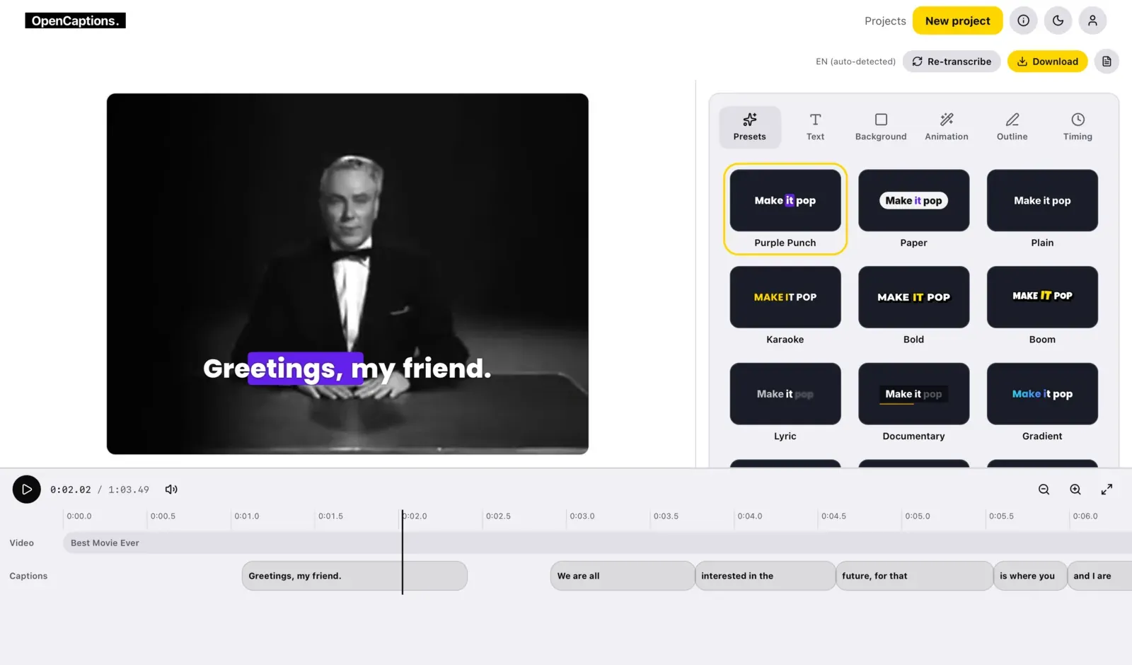 The OpenCaptions editor: a video with word-by-word captions next to the style panel, over the caption timeline